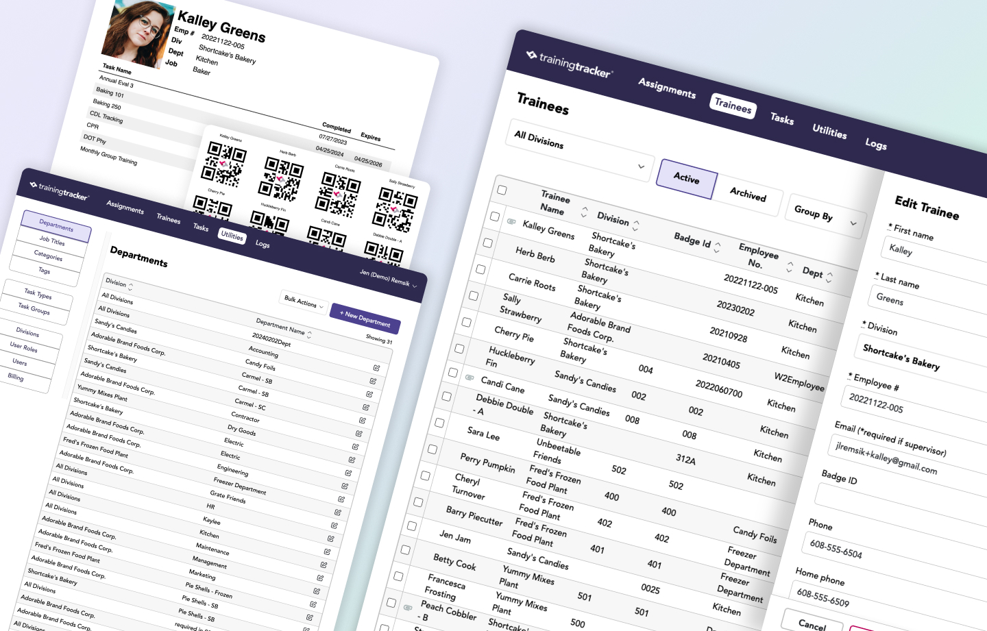 Training Tracker app screens, plus a printable set of QR codes and an employee card for tracking which trainings have been completed