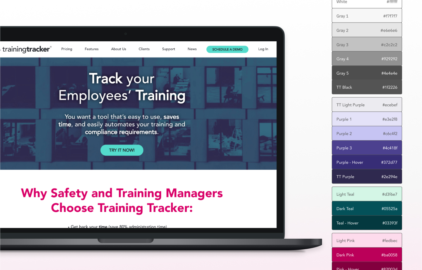 Training Tracker app screens on a laptop and tablet with Tilly, the Training Tracker elephant mascot, in the background