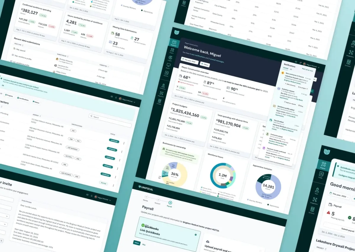 Multiple screen designs from Unifocal’s clickable prototype, including tabular data and some data visualizations representing a construction project’s progress toward compliance goals.