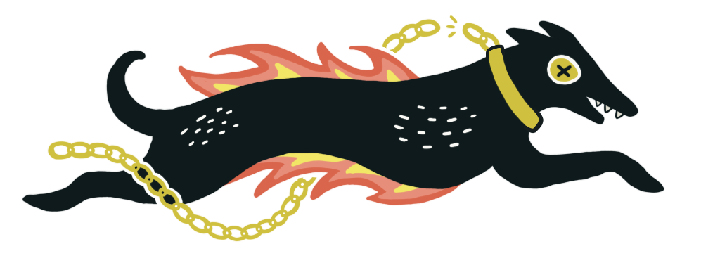 A illustration of a dog with a flame behind it and a broken chain