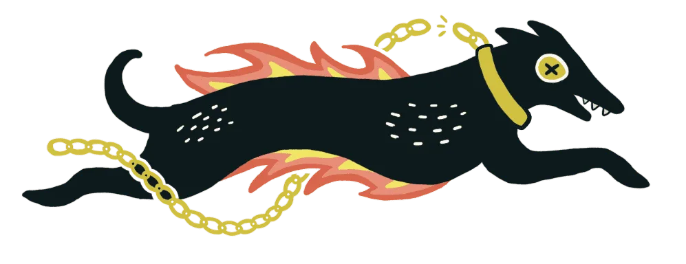 A illustration of a dog with a flame behind it and a broken chain