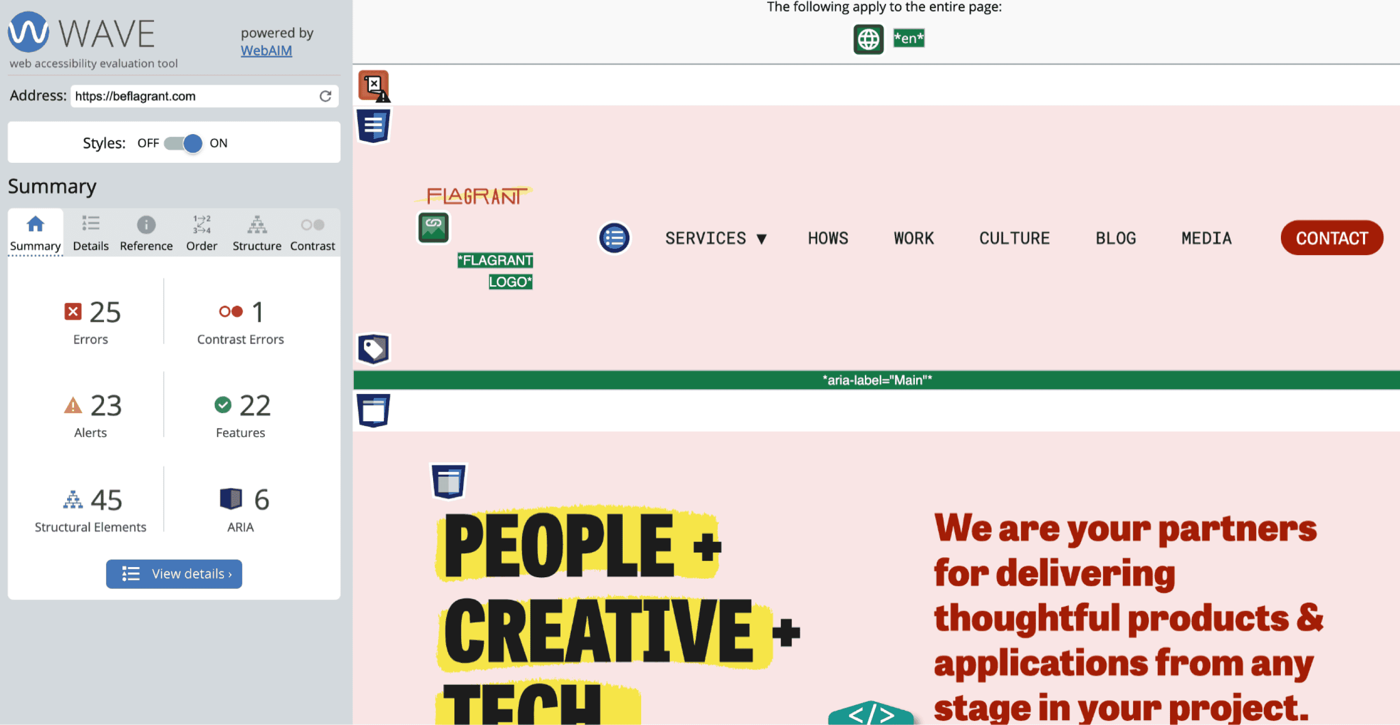WAVE report of the Flagrant homepage that says that the homepage has 25 errors, 1 contrast error, 23 alerts, 22 features, 45 structural elements, and 6 ARIA roles, states, and properties.