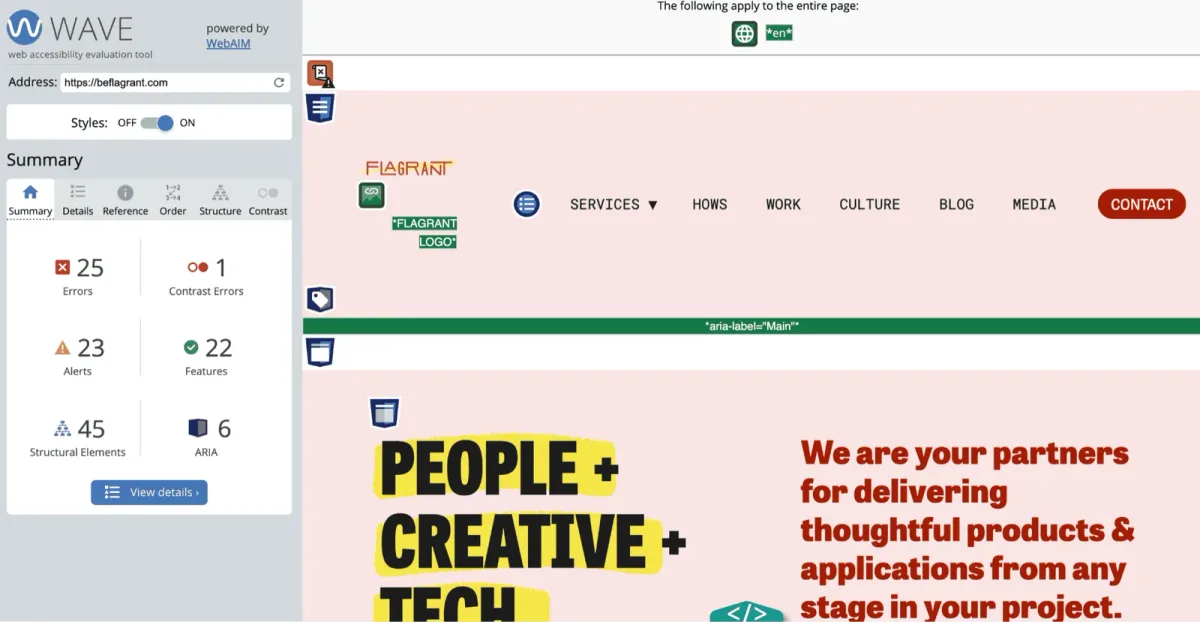 WAVE report of the Flagrant homepage that says that the homepage has 25 errors, 1 contrast error, 23 alerts, 22 features, 45 structural elements, and 6 ARIA roles, states, and properties.