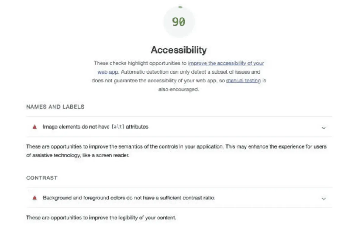 Lighthouse report of the Flagrant homepage says the page has has an accessibility score of 90 and that "These checks highlight opportunities to improve the accessibility of your web app. Automatic detection can only detect a subset of issues and does not guarantee the accessibility of your web app, so manual testing is also encouraged."  Below, the reports shows different sections of accessibility errors including "Names and labels: Image elements do not have [alt] attributes. These are opportunities to improve the semantics of the controls in your application. This may enhance the experience for users of assistive technology, like a screen reader" and "Contrast: Background and foreground colors do not have a sufficient contrast ratio. These are opportunities to improve the legibility of the content."