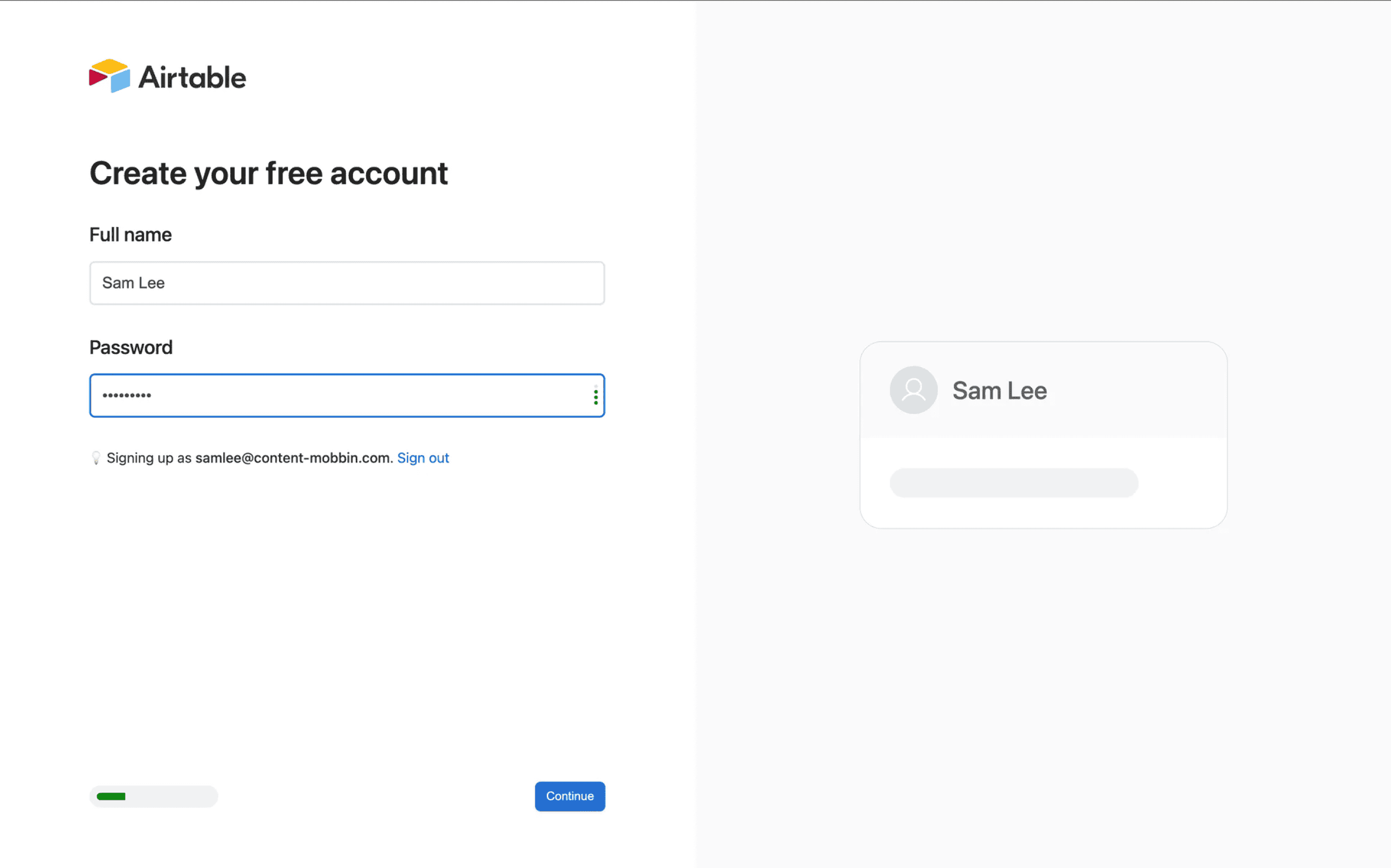Signup page for Airtable shows on the left side of the page, the Airtable logo alongside a heading to create your free account and fields to fill in your name and password.  On the right side of the page, there's a live preview of a user card filled in with the name added to the account.