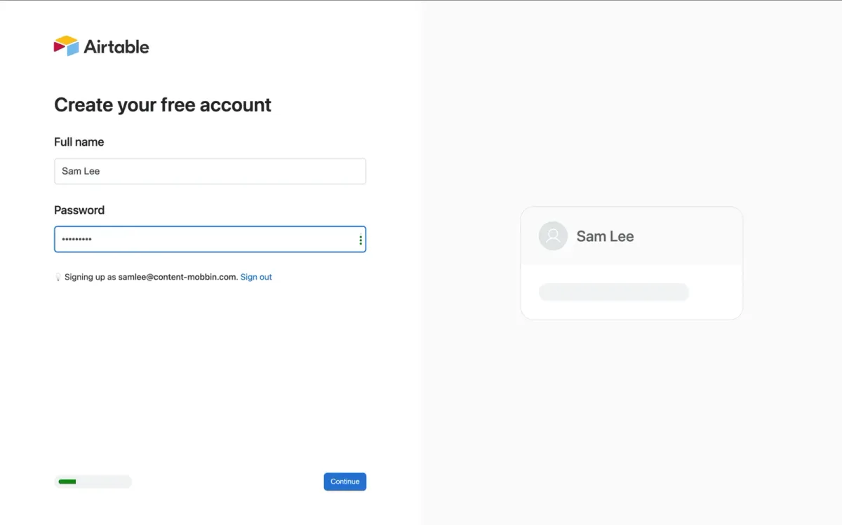Signup page for Airtable shows on the left side of the page, the Airtable logo alongside a heading to create your free account and fields to fill in your name and password.  On the right side of the page, there's a live preview of a user card filled in with the name added to the account.