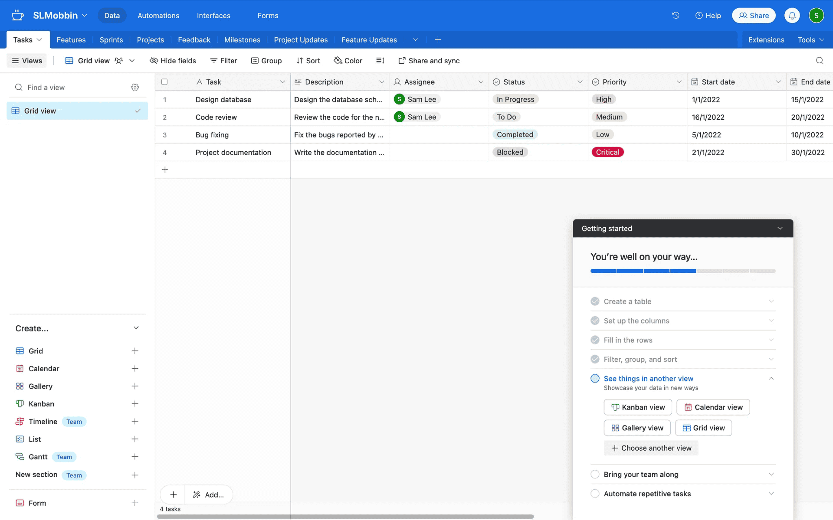 An Airtable table that shows a grid view of the inputted data. There's multiple layers of in-app navigation. In the bottom right, there's an onboarding modal overlaid on top with a progress bar and multiple setup steps to complete.