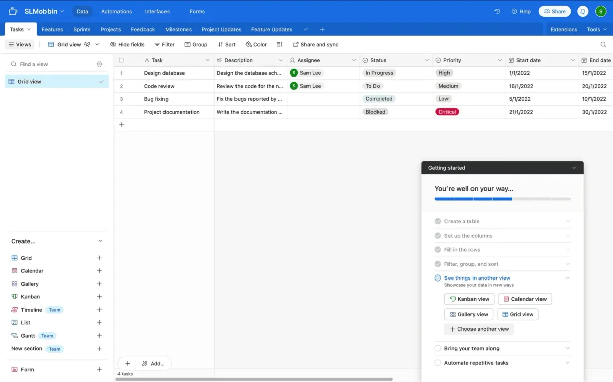 An Airtable table that shows a grid view of the inputted data. There's multiple layers of in-app navigation. In the bottom right, there's an onboarding modal overlaid on top with a progress bar and multiple setup steps to complete.
