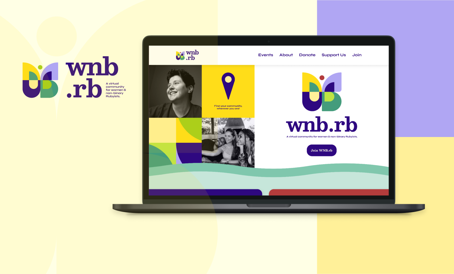 The new WNB.rb logo to the left of a laptop mockup of the rebranded WNB.rb marketing website homepage.
