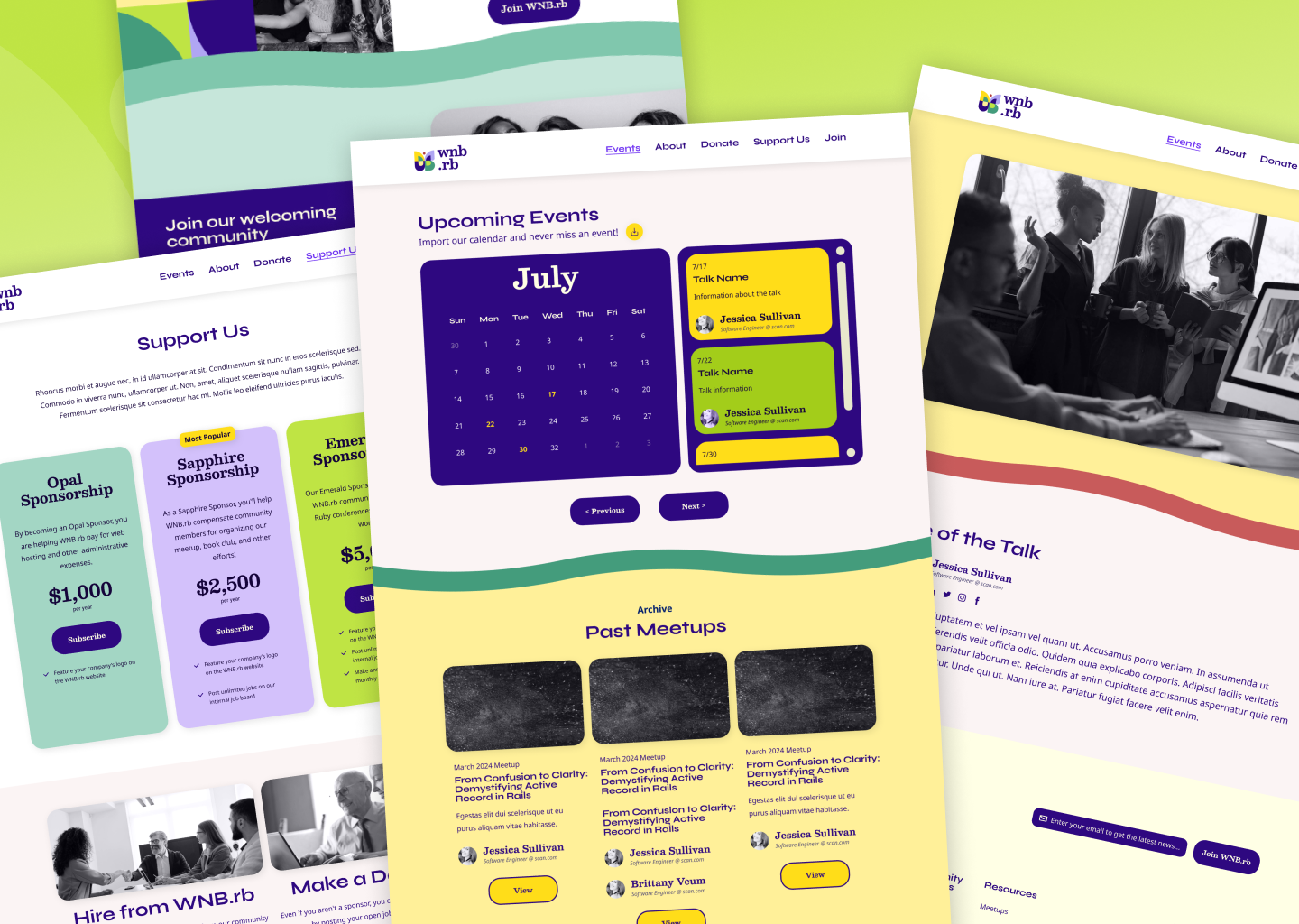 Collage of newly redesigned marketing site pages for WNB.rb including events, contact, and home pages.