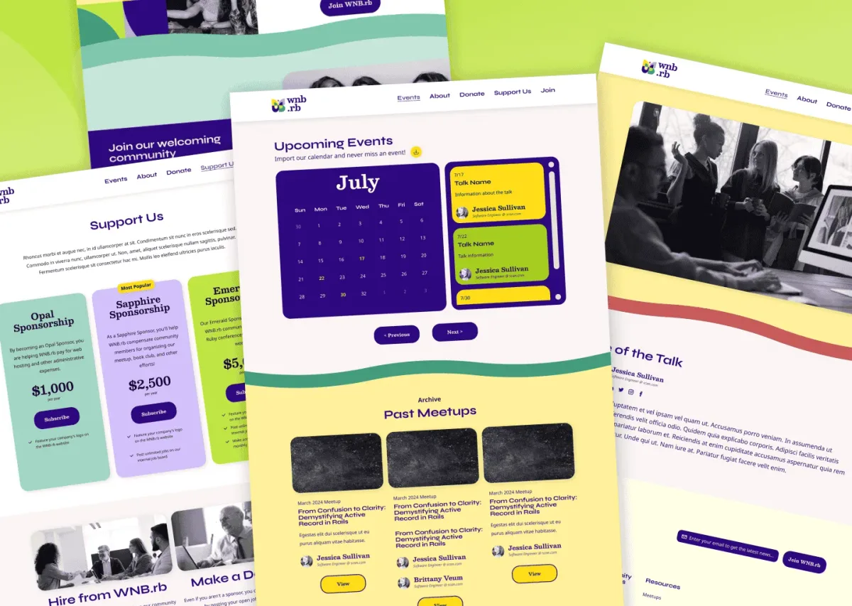 Collage of newly redesigned marketing site pages for WNB.rb including events, contact, and home pages.