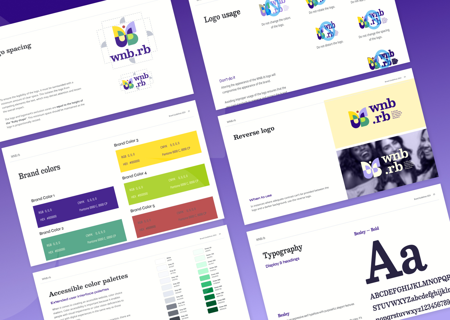 Multiple pages from the WNB.rb style guide showing brand colors, typography, and logo usage.