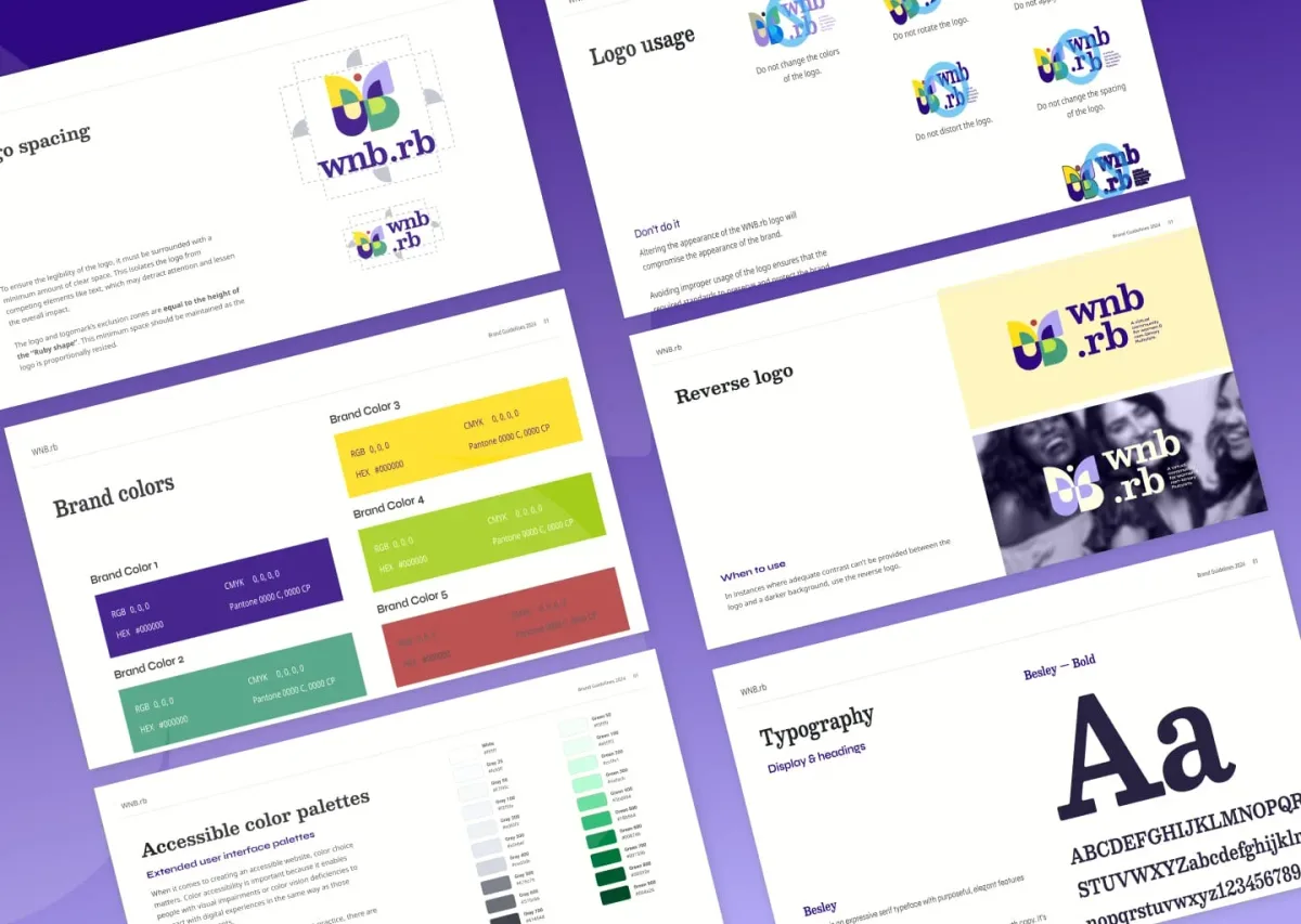 Multiple pages from the WNB.rb style guide showing brand colors, typography, and logo usage.