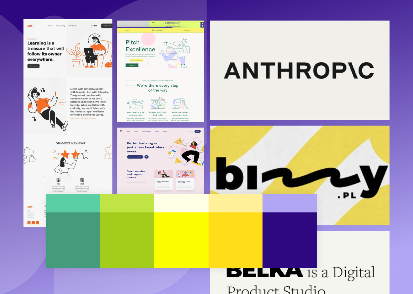 An array of inspirational moodboard images and color palettes for the WNB.rb brand identity.